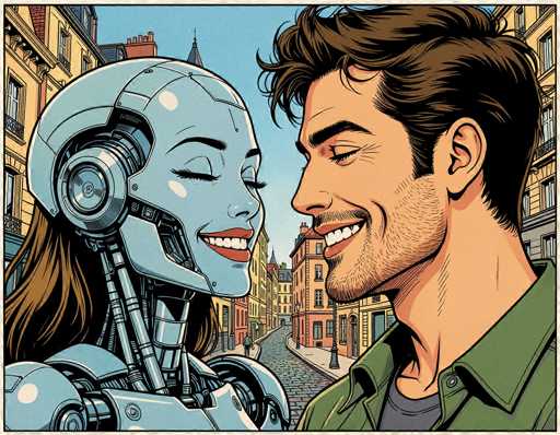 In this vibrant, cartoon-style illustration, a man and a robot are depicted standing close together, gazing into each other's eyes with warm smiles on their faces. The man, positioned on the right, has short brown hair and a stubbly beard. He is dressed in a green collared shirt layered over a gray t-shirt. The robot, on the left, features a light blue metallic head with a visible ear component and a neck made of interconnected metal pieces. Her face is adorned with red lipstick, and she has long brown hair cascading down her back. The background reveals a charming cityscape with a cobblestone street, flanked by buildings in shades of yellow, orange, and red. A person can be seen walking down the street, adding to the lively urban atmosphere. The sky above is a clear, light blue, completing the cheerful and detailed scene.