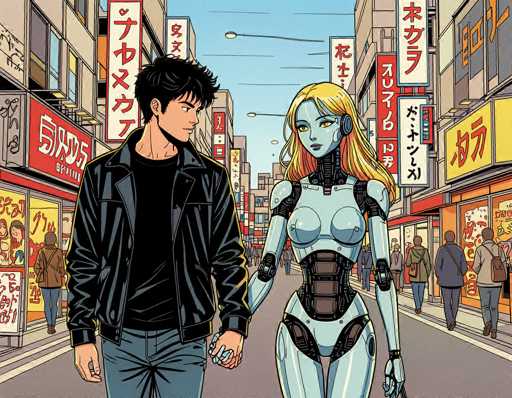 In this vibrant, cartoon-style illustration, a young man and a female robot are depicted walking hand in hand down a bustling city street. The man, with short black hair, is dressed in a black leather jacket over a black t-shirt and blue jeans. Beside him, the female robot features long blonde hair and striking yellow eyes. Her body is predominantly silver with black accents, including a black corset-like structure around her torso and black joints at her elbows and wrists. The street they traverse is lined with various shops, each adorned with signs in an Asian script, suggesting a setting in an Asian country. The scene is lively, with numerous people walking along the sidewalks, adding to the dynamic urban atmosphere.