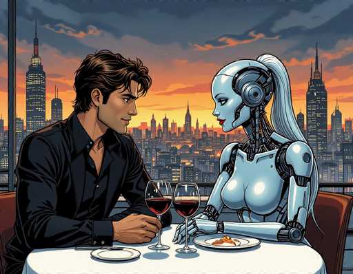 A man and a robot sit at a table with wine glasses in front of them, facing each other against an urban skyline backdrop.