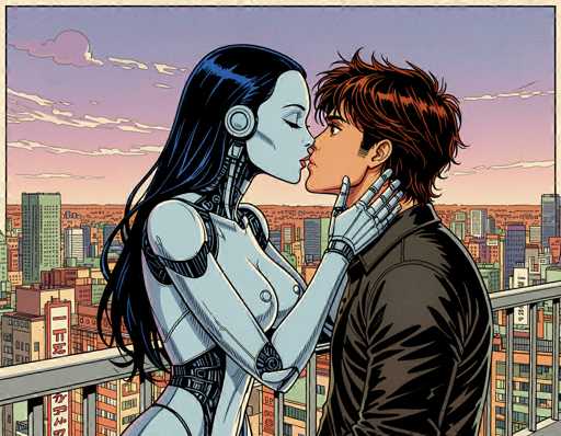 A digital illustration in a manga/anime style depicts a close-up of two figures sharing a kiss on a rooftop overlooking a futuristic cityscape. The scene is bathed in a soft, warm light, with the sky transitioning from a pale lavender at the top to a vibrant pink near the horizon. The cityscape is rendered in a detailed, slightly stylized manner, showcasing numerous tall buildings with various architectural designs. 

The central focus is on the two figures: a woman and a man, both appearing to be humanoid robots. The woman has long, flowing black hair with a metallic sheen and a sleek, silver body adorned with visible mechanical components. Her eyes are closed as she leans into the kiss, her hand gently holding the man's cheek. The man has short, spiky red hair and a warm complexion, his eyes also closed as he reciprocates the kiss. He is wearing a dark jacket and has one hand placed on the woman's arm, while the other gently cups her cheek.

The background features a slightly blurred cityscape with various buildings in shades of blue, gray, and orange. The overall color palette is muted yet vibrant, with a focus on soft gradients and highlights that give the scene a dreamlike quality. The style is reminiscent of classic manga art, with clean lines and expressive character design.