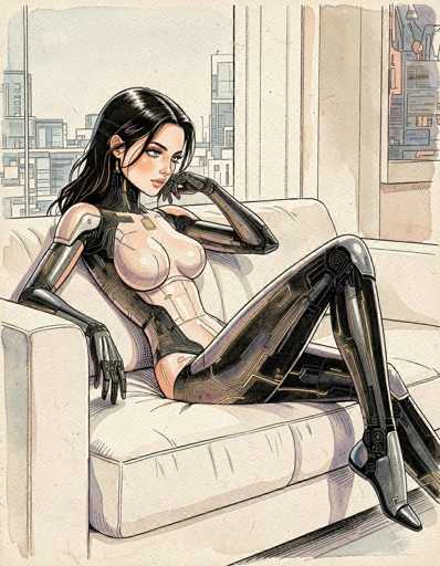 The image depicts a detailed, hand-drawn illustration of a female robot seated on a white couch. The robot has long, flowing black hair and is adorned with a sleek, form-fitting outfit that combines elements of leather and metal. Her attire features a distinctive design with a pinkish hue around the chest area, transitioning to black leather that covers the rest of her body, including her arms, legs, and feet. The robot's right hand rests on her cheek, while her left hand is placed on the couch. She gazes directly at the viewer with a neutral expression. The background reveals a cityscape visible through a window, adding depth to the scene. The overall color palette of the illustration includes shades of black, white, gray, pink, and blue, enhancing the futuristic and sci-fi aesthetic of the artwork.