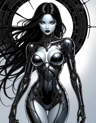 The image depicts a woman with long dark hair and striking blue eyes wearing a futuristic black bodysuit that appears to be made of metal or other metallic materials. The background is a stark white circle against which the woman stands out prominently.
