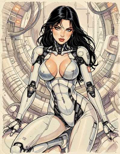 The image depicts a highly detailed, computer-generated illustration of a female character, possibly from a video game or an anime. She is seated in a futuristic setting, which appears to be the interior of a spaceship or a high-tech facility, characterized by a circular, metallic environment with intricate designs and numerous pipes. The character is dressed in a form-fitting, metallic bodysuit that accentuates her curves, particularly highlighting her large chest. The suit is predominantly silver with black accents, and it features a low neckline and a zipper running up to her chest. Her long, flowing black hair cascades down to her waist, and she has striking blue eyes, red lips, and a fair complexion. She is adorned with earrings and her hands are covered in metallic gloves. The overall scene is bathed in a palette of silver, black, and hints of red, enhancing the futuristic and sci-fi atmosphere of the image.