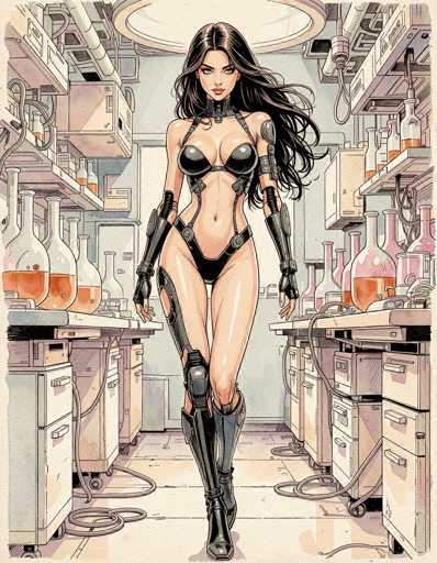 The image depicts a highly detailed, computer-generated scene of a female character standing in a laboratory. The character has long, flowing black hair and is dressed in a revealing black outfit that accentuates her figure. She wears a black bikini-style bottom and a matching bra top, both connected by straps that wrap around her neck and torso. Her arms are adorned with black gloves that extend up to her elbows, and her legs feature a mix of black and gray elements, with one leg appearing mechanical. She completes her ensemble with knee-high black boots.

The laboratory setting is meticulously rendered, with numerous glass bottles filled with various colored liquids—ranging from orange to pink—arranged on the shelves and tables surrounding her. The floor is white, and the walls are painted a light blue, creating a stark contrast with the dark, intricate details of the character and the scientific environment. The overall composition highlights the blend of advanced technology and classic laboratory aesthetics.