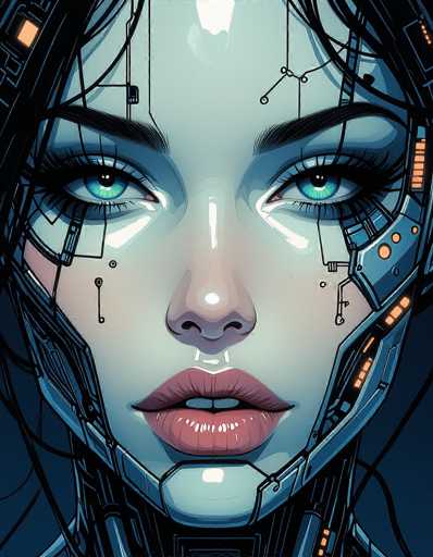 The image depicts an illustration of a woman's face with blue eyes and long eyelashes. The woman is wearing a futuristic mask that has a circuit board design on it. The style of the illustration is modern and abstract, featuring geometric shapes and lines to create a unique visual effect.