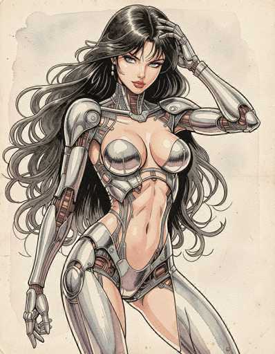 The image depicts a highly detailed, anime-style female character with long, flowing black hair that cascades down her back. She has striking blue eyes and is adorned with a single earring on her right ear. Her lips are painted a vivid red, adding to her captivating appearance. The character is dressed in a form-fitting, metallic bodysuit that accentuates her figure, particularly highlighting her large breasts and toned midriff. The bodysuit features a unique design with a strap that runs between her breasts and another that wraps around her waist. Her arms are covered in metallic armor, with her right hand resting on her head and her left arm hanging by her side. The background is a light tan color, with a subtle blue shadow behind her, enhancing the overall composition of the image.