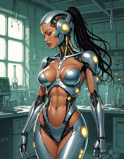 The image depicts a woman with long dark hair wearing a futuristic silver bodysuit and helmet. She is standing in front of a desk that has various objects on it, including a computer monitor and several bottles. The background features a window with blinds partially drawn, allowing some light to enter the room.