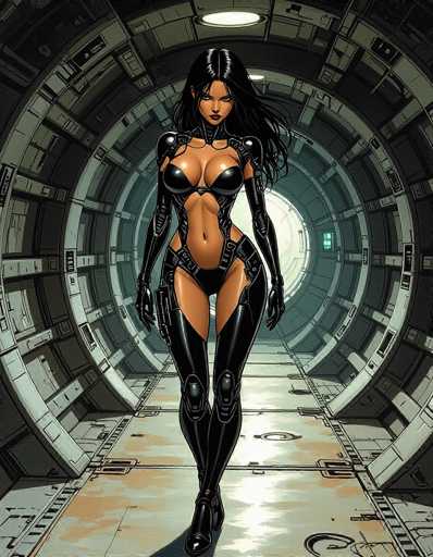 The image depicts a woman with long dark hair and black leather bodysuit standing in the center of an empty tunnel. She is wearing high heels and has her arms crossed over her chest. The tunnel appears to be made of metal or concrete, suggesting it could be part of a futuristic setting.