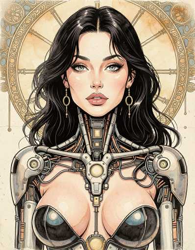 This detailed illustration depicts a female robot with a striking blend of human and mechanical features. She has long, wavy black hair cascading past her shoulders, and her face is adorned with human-like features including blue eyes, thick eyebrows, and pink lips. Her skin is a light peach color, and she wears gold hoop earrings. The robot's neck is distinctly mechanical, with visible wires and metal components, leading down to a metallic chest plate that connects to her shoulders. Her chest is exposed, revealing human-like breasts covered by a black bra. The background features a large, ornate golden halo with intricate designs, set against a light brown backdrop. The overall style of the image is reminiscent of a detailed comic book or graphic novel illustration.