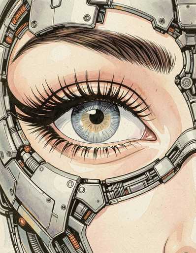 This detailed illustration depicts a close-up of a woman's face, focusing primarily on her eye and the surrounding area. The woman has light skin and a brown eyebrow, with her eye being a striking blue color. The eye is accentuated by long, black eyelashes. Surrounding her eye is a complex mechanical structure, resembling a helmet or robotic mask, which appears to be made of gray metal with orange accents. This structure extends from the top of her head, over her eye, and down to her cheek, partially covering her nose and mouth. The mechanical elements give the impression that she is half-human, half-machine, with intricate metal components integrated into her facial structure. The background of the image is a light gray, enhancing the contrast between the woman's features and the mechanical elements.