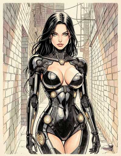The image depicts a detailed drawing of a young woman with long, dark black hair, styled in a cartoonish anime fashion. She is dressed in a form-fitting, black leather bodysuit that accentuates her curvaceous figure, particularly highlighting her large breasts and wide hips. The bodysuit features intricate mechanical details, including gold-colored joints at her elbows, knees, and wrists, as well as circular gold accents around her chest and thighs. Her arms are fully covered in the suit, ending in black gloves, while her legs are exposed from the upper thighs down. She wears gold hoop earrings and has a serious expression on her face. The background shows a narrow alleyway with brick walls on either side, illuminated by sunlight that casts shadows on the ground. The alleyway is lined with power lines and has a ladder attached to one of the buildings, adding to the urban atmosphere.