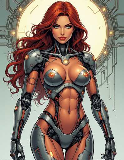 The image depicts a woman with red hair and an orange bodysuit standing against a blue background. She is wearing a helmet that has a large sunburst design on it. The woman's pose suggests she might be in the middle of a fight or battle.