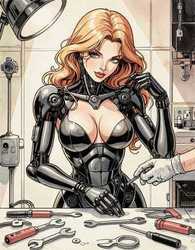 This detailed illustration depicts a female character with long, wavy red hair, dressed in a form-fitting black robotic bodysuit. The suit accentuates her large breasts and is designed with intricate mechanical details, including a metal plate around her neck and robotic arms. She has striking blue eyes and red lips, adding to her captivating appearance. The character is seated at a table cluttered with various tools, such as wrenches, screwdrivers, and pliers, suggesting she is engaged in some form of mechanical work. A white-gloved hand reaches into the frame from the right side, holding a screwdriver, as if assisting or examining her. The background features a white wall adorned with additional tools, including a red-handled screwdriver and a black-handled screwdriver, enhancing the industrial and technical atmosphere of the scene.