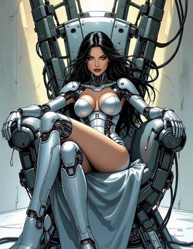 The image depicts a woman wearing futuristic armor and clothing sitting on a chair with her legs crossed. The background is a stark white color that contrasts with the metallic sheen of the armor and the smooth surface of the chair.