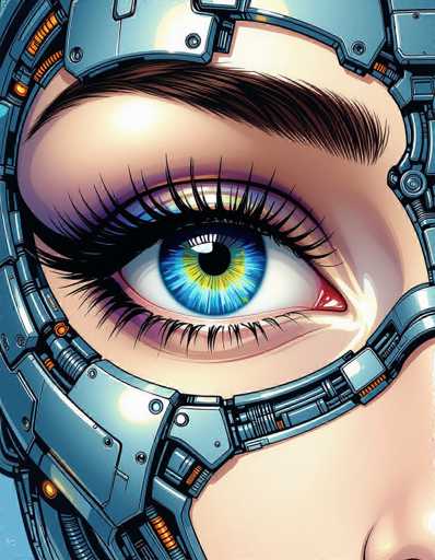 The image shows an eye with a striking blue hue and a vibrant yellow center. The eye is framed by a metallic frame that gives it the appearance of being part of a futuristic machine or suit. The background is a light beige color, providing a neutral backdrop for the eye's striking features.