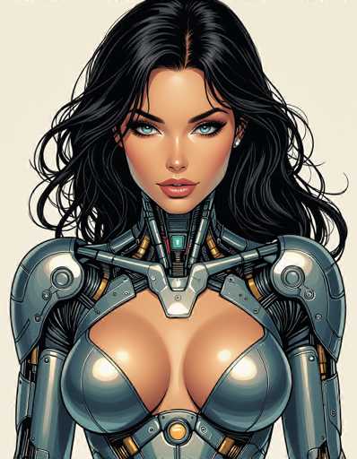 The image depicts a woman with long dark hair wearing a futuristic silver suit that includes a helmet and a necklace. The woman has striking blue eyes and is looking directly at the camera.