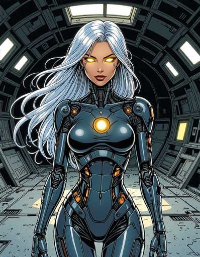 The image depicts a woman with long blonde hair and blue eyes standing in the center of a room that appears to be a spaceship or a tunnel. The woman is wearing a futuristic outfit consisting of a metallic bodysuit with orange accents on the arms and legs. She has her hands placed behind her back, giving an impression of strength and confidence.
