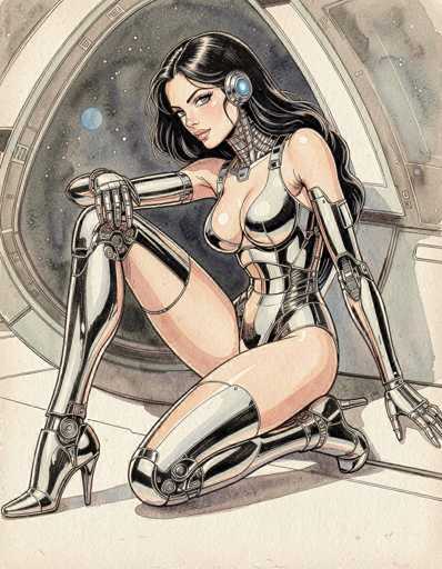 The image depicts a detailed, hand-drawn or painted illustration of a female robot seated on the floor of a spaceship. The robot has long, flowing black hair and striking blue eyes, with a hint of blush on her cheeks. She is dressed in a form-fitting, metallic bodysuit that accentuates her curves, particularly her large breasts and thin waist. The bodysuit is adorned with various straps and buckles, and it covers her from the neck down to her feet, where she wears high-heeled metallic boots. Her arms are also metallic, ending in hands with three fingers and a thumb each. A notable feature is the blue light on her ear, suggesting some form of communication device. The background reveals a large window through which a starry sky and a blue planet are visible, indicating the setting is indeed a spaceship. The overall color palette includes shades of black, white, gray, blue, pink, and peach, adding to the futuristic and sci-fi aesthetic of the scene.
