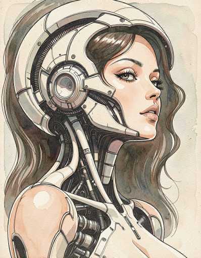 This detailed illustration depicts a female robot with a blend of human and mechanical features. The robot has long, wavy brown hair cascading down her back, partially covered by a large, cream-colored helmet that extends from the top of her head down to her neck. Her face is strikingly human-like, with green eyes, long eyelashes, and a slightly open mouth revealing her teeth. The robot's skin is a light tan color, and her neck and chest area are adorned with intricate mechanical components, including visible wires and tubes. Her shoulders are also mechanical, with additional wires extending from them. The background of the image is a light tan color, enhancing the focus on the robot. The overall style of the illustration is detailed and realistic, capturing the essence of a futuristic cyborg.