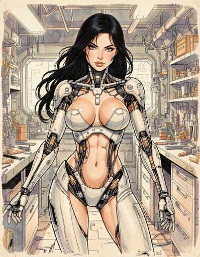 The image depicts a detailed, cartoon-style illustration of a female robot standing in the center of a workshop. The robot has long, flowing black hair and striking blue eyes. Her face is human-like, with a defined nose and lips, but her neck transitions into a metallic structure. She is dressed in a form-fitting, white bodysuit that covers her torso, arms, and legs, leaving her midriff exposed. The bodysuit features clear sections over her breasts and a white thong-like garment. Her arms are robotic, with visible wires and mechanical components.

The background reveals a workshop environment with a gray floor and walls. On both sides of the robot, there are workbenches cluttered with various tools, including screwdrivers, wrenches, and other mechanical items. The workbenches are gray with brown drawers. Above the robot, a white light fixture hangs from the ceiling, illuminating the scene. Behind her, a large window with a gray frame allows light to filter into the room, adding depth to the setting. The overall color palette of the image includes shades of white, black, blue, brown, and gray, contributing to the industrial and mechanical atmosphere of the workshop.