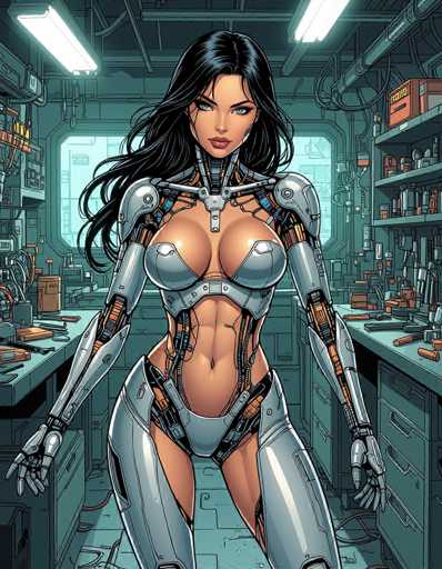 The image depicts a woman with long dark hair wearing a silver bodysuit and standing in front of a blue-green machine filled with various tools. The background shows shelves stocked with more tools, suggesting that the scene takes place in a workshop or factory setting.