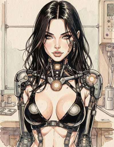 This detailed illustration depicts a female character with a striking blend of human and robotic features. She has long, flowing black hair that cascades down to her shoulders, framing her face. Her eyes are a captivating golden brown, and she has full lips adorned with pink lipstick. A notable feature is the mechanical device attached to her left cheek, extending from her ear to her neck, and continuing down her chest. This device is connected to a network of wires and metal components that interface with her neck, creating a seamless blend of organic and mechanical elements.

Her neck is adorned with intricate metal pieces, leading down to a chest plate that is secured by straps over her shoulders and around her torso. She is wearing a black bra, which contrasts with her exposed midriff. Her arms are also mechanical, ending in hands that are part of the intricate metal structure.

The background features a white wall with a horizontal bar running across it. To the right of the character, there is a brown countertop with a white cylindrical object on it. Above this, a white square with a gray center is visible, and to the left of the character, there is a gray square with a white center. The overall scene combines elements of technology and human anatomy in a visually striking and detailed manner.