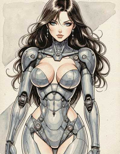 This detailed illustration depicts a female character with long, wavy brown hair cascading down to her waist. She has striking blue eyes and is adorned with dangling earrings. Her attire is a form-fitting, metallic bodysuit that accentuates her figure, particularly highlighting her large chest. The bodysuit features intricate mechanical details, including visible gears at the elbows and shoulders, and a distinctive metal plate across her chest. The suit extends to cover her entire body, including her legs, and is designed to be both revealing and futuristic. The background is a light gray, providing a subtle contrast to the character's detailed and vibrant appearance.