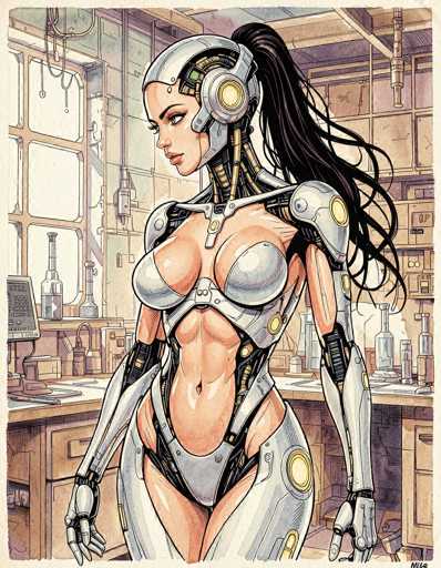 The image depicts a detailed, hand-drawn or digitally created illustration of a female robot set in a laboratory environment. The robot has a distinctly feminine appearance with long, flowing black hair tied back in a ponytail. Her head features a sleek, silver metallic cap that extends down to her neck, which is adorned with various wires and mechanical components. Her face is human-like, with a pointed nose, full lips, and expressive eyes.

The robot's upper body is clad in a form-fitting, metallic bodysuit that accentuates her curves, particularly her large breasts and toned abdomen. The suit is primarily silver with intricate black and gold accents, including a prominent yellow circle on the side of her head. Her arms are also metallic, ending in hands that resemble human hands with visible fingers.

The background reveals a laboratory setting, characterized by wooden shelves and cabinets filled with glass bottles, tubes, and other scientific equipment. A large window on the left side of the image allows natural light to flood the room, highlighting the detailed and realistic style of the artwork. The overall scene combines elements of science fiction and meticulous artistry, creating a captivating and immersive visual experience.