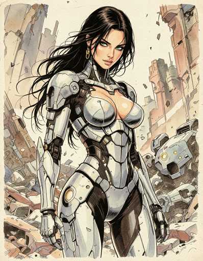 The image depicts a striking female character, possibly from a video game or a movie, set against a backdrop of a destroyed cityscape. She stands confidently in the foreground, her long black hair cascading down to her waist. Her attire is a form-fitting, metallic suit that accentuates her curves, particularly around her chest and legs. The suit is predominantly silver with black accents, and features a distinctive yellow circle on her right hip. Her arms are encased in metal armor, and her hands are gloved, adding to her formidable appearance. She gazes directly at the viewer with a determined expression, her green eyes and pink lips adding to her captivating presence. The background reveals a chaotic scene of broken buildings and scattered debris, with a gray sky overhead, enhancing the sense of desolation and destruction.