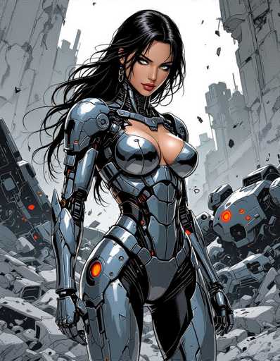 The image depicts a woman wearing a futuristic silver suit with a metallic sheen and a large breastplate. She is standing in front of a cityscape filled with rubble and debris, suggesting an urban environment. The woman's expression appears to be one of determination or resolve as she looks directly at the camera.