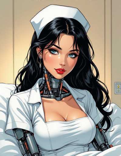 The image depicts a woman with long dark hair wearing a white nurse's uniform and a white hat. She is seated on a bed against a beige wall. The artist has used a cartoon style for the illustration, which adds a unique and creative touch to the scene.