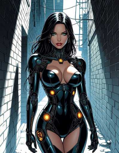 The image depicts a woman wearing a futuristic black bodysuit with yellow lights on the sides and arms. She is standing in front of a brick wall, which has a window that allows some light to enter the scene. The woman's pose suggests she might be walking or moving towards something out of frame.