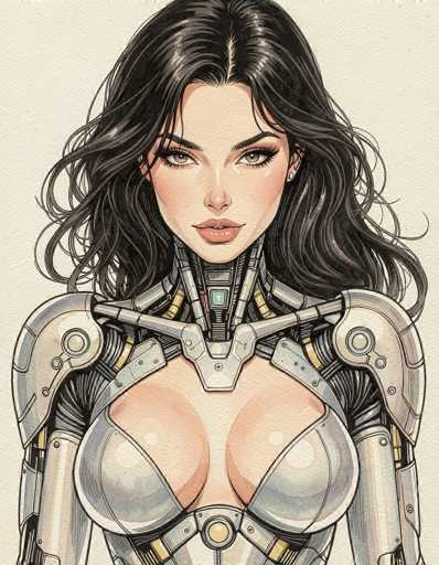 This detailed illustration depicts a female robot with a distinctly human-like appearance. She has long, wavy black hair that cascades down to her shoulders, framing her face. Her eyes are a captivating brownish hazel, and she has full lips adorned with a light pink lipstick. The robot's neck is mechanical, featuring a small screen and a ladder-like structure, adding to her futuristic aesthetic. She is dressed in a form-fitting, metallic bodysuit that accentuates her curves, particularly around her chest area. The bodysuit is predominantly silver with gold accents, including a prominent gold button at the center of her chest. Her arms are also metallic, with visible wires and mechanical components, enhancing her robotic nature. The overall design blends human and mechanical elements seamlessly, creating a striking and intricate portrayal of a female cyborg.