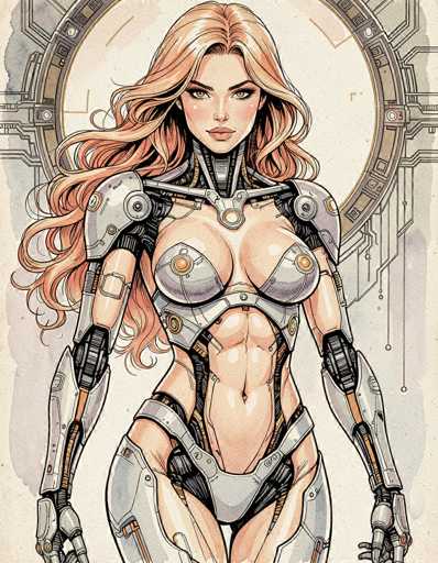This detailed illustration depicts a futuristic female character, possibly from a video game or a comic book. She stands confidently, facing the viewer, with long, flowing blonde hair that cascades down to her waist. Her striking features include large, expressive eyes, a small nose, and full lips. The character's attire is a blend of sleek, metallic armor and revealing clothing, accentuating her curvaceous figure. Her chest is adorned with two silver cups, each featuring a central orange dot, and her midriff is exposed, showcasing her toned abs. She wears a silver belt and matching armor that extends down to her thighs, leaving her legs bare. Her arms are encased in silver metal armor, and her hands are visible, adding to the intricate design of her outfit. The background is a muted gray, featuring a circular element with a gold border and a white center, which adds a touch of elegance to the overall composition.