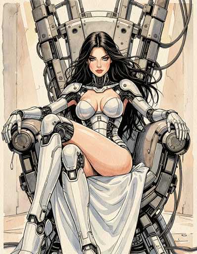 The image depicts a striking female character seated on a futuristic, metallic throne. She exudes a blend of human and robotic features, with long, flowing black hair cascading down to her waist. Her eyes are a mesmerizing blue, and her lips are painted a vivid red. The character's attire is a form-fitting, metallic bodysuit that accentuates her curves, particularly around her chest and legs. The suit is predominantly silver, with intricate mechanical details visible on her arms, legs, and chest plate. Her legs are crossed, revealing a hint of skin between her thighs. She is draped in a white cloth that cascades from her crotch area down to her feet, adding an element of elegance to her otherwise industrial appearance. The throne she sits on is a marvel of engineering, composed of various metal components and adorned with numerous wires that connect to the backrest. The background is a muted beige, which contrasts with the metallic sheen of the character and her throne, drawing attention to her as the focal point of the image.
