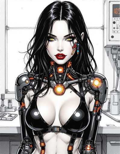 The image depicts a woman with striking black hair and red lips wearing a futuristic outfit that includes a bodysuit made of shiny metal plates and a helmet adorned with glowing orange lights. The background shows a white wall with various buttons and dials on it, suggesting an industrial or scientific setting.