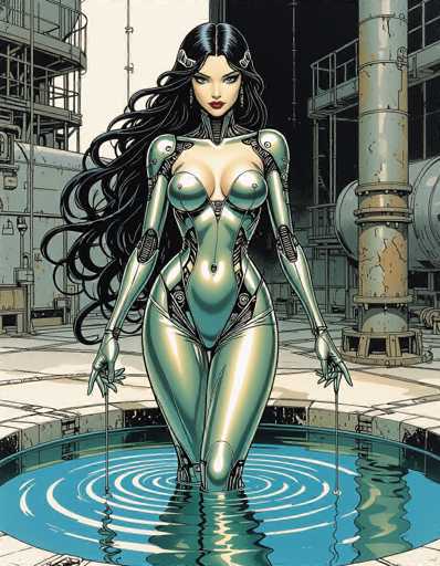 The image depicts a woman with long dark hair and a metallic body suit standing in water. The background shows an industrial setting with pipes and machinery.