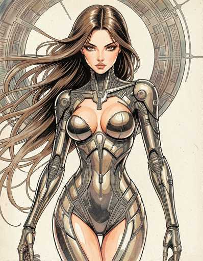 The image depicts a highly detailed, futuristic female character, possibly from a video game or comic book. She stands confidently, facing the viewer, with long, flowing brown hair that appears to be caught in the wind. Her attire is a form-fitting, metallic bodysuit that accentuates her curvaceous figure, particularly highlighting her large breasts and slender waist. The bodysuit, which is primarily silver with hints of gold, features intricate mechanical details, including a zipper running down the center of her abdomen and additional zippers on her thighs. Her arms are covered by gloves that extend up to her biceps, and her shoulders are protected by metallic pads. The background is a light tan color, with a circular, mechanical design element behind her head, adding to the sci-fi aesthetic. The overall impression is of a powerful, futuristic warrior or superhero.