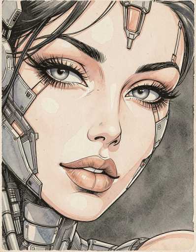 This detailed illustration depicts a female android with a striking blend of human and mechanical features. Her face, framed by wisps of black hair, showcases human-like attributes including expressive eyes, a nose, and full lips. However, the sides of her face reveal a metallic structure, with visible metal components extending from her ears down to her neck. The background is a muted gray, which contrasts with the intricate details of her metallic body. The image is rendered in a monochromatic palette, emphasizing the interplay between the human and robotic elements of her design.