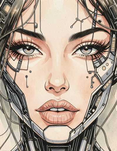 This detailed illustration depicts a female robot with a striking blend of human and mechanical features. Her face, framed by long black eyelashes and brown eyebrows, showcases a human-like appearance with blue eyes and pink lips. The skin on her forehead and cheeks is a light tan color, contrasting with the metallic elements that define her structure. Her head is encased in a gray helmet-like frame, with wires and mechanical components extending from her ears and chin. The helmet appears to be made of a hard, gray material, with additional wires protruding from the sides. Her neck is also encased in a similar gray material, giving the impression of a mechanical support structure. The overall image is a vertical rectangle, with the robot's face centrally positioned, creating a captivating and futuristic portrait.