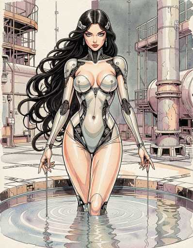 The image depicts a striking female character, possibly from a video game or a comic book. She stands confidently in a pool of water, her long, flowing black hair cascading down to her waist. Her attire is a form-fitting, metallic bodysuit that accentuates her curvaceous figure, particularly highlighting her large breasts and slender waist. The bodysuit features a distinctive design with a V-shaped cutout at the crotch area, revealing her legs. Her arms are encased in metallic sleeves, and her hands are adorned with long, pointed fingernails. The character's blue eyes and red lips add to her captivating appearance. She stands with her hands slightly extended, as if about to step out of the water. The background reveals an industrial setting with large pipes and metal structures, suggesting a factory or warehouse environment.