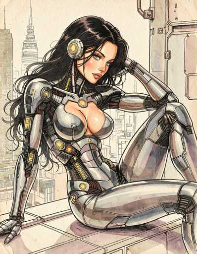 The image depicts a striking, computer-generated female character set against a backdrop of a futuristic cityscape. She is seated on a ledge, her long black hair cascading down her shoulders. Her attire is a form-fitting, metallic bodysuit that accentuates her curves, particularly her large breasts. The bodysuit is predominantly silver with intricate black and red accents, and features a distinctive yellow circle on the side of her head. Her hands are designed to resemble claws, adding to her robotic appearance. The background showcases towering skyscrapers, with one particularly tall building on the left side, enhancing the urban, sci-fi atmosphere of the scene.