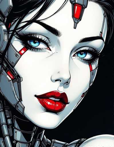 The image depicts a woman with striking blue eyes and vibrant red lips against a stark black background. The woman's face is the central focus of the image, which is rendered in a realistic style with a high level of detail.