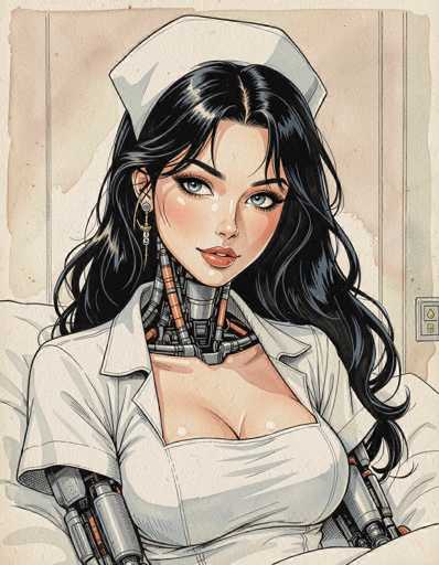 This detailed illustration depicts a female robot nurse, combining human and mechanical elements. She has long, wavy black hair cascading down to her waist, and wears a traditional white nurse's cap. Her face is strikingly human-like, with blue eyes, red lips, and a touch of blush on her cheeks. She is adorned with long, dangling earrings that feature a small figure with a blue head and a white body. 

The robot's neck reveals intricate mechanical components, including visible gears and wires, while her arms are also constructed from metal and plastic. She is dressed in a white nurse's uniform, complete with a short-sleeved top and a skirt. The setting appears to be a hospital room, with a white pillow behind her and a blanket covering her legs. The background includes a wall with a light switch and a door, adding to the clinical atmosphere. The overall style of the image is reminiscent of a comic book or graphic novel, emphasizing the blend of human and robotic features.