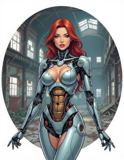 The image depicts a woman with red hair and a futuristic body suit standing in front of an abandoned building. The woman is wearing a silver bodysuit that features a metallic sheen, giving her the appearance of a robot or cyborg. She has a confident stance, with one hand on her hip and the other resting on her thigh.