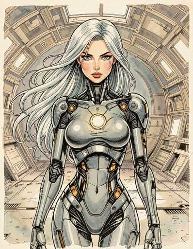 This detailed illustration depicts a female robot with long, flowing white hair and striking blue eyes. She has a distinctly feminine face adorned with red lipstick, and her hair cascades down to her chest. The robot's body is predominantly gray, with intricate mechanical details that suggest a blend of human and robotic features. Her arms are long and slender, with visible joints at the elbows, shoulders, and wrists. The robot's chest is accentuated by a prominent circle in the center, and her torso features a mix of gray and black hues, with additional orange circles adding to the complexity of her design. The background suggests she is standing in a futuristic, possibly spaceship-like environment, characterized by a circular, tunnel-like structure with windows and beige walls. The overall scene evokes a sense of advanced technology and sci-fi aesthetics.