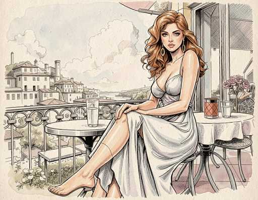 The image is a detailed, hand-drawn illustration of a woman seated on a balcony, likely in a European city, possibly Italy. The woman, who has long, wavy red hair cascading past her shoulders, is wearing a white, strappy dress that reveals some cleavage and a hint of her midriff. She is barefoot, with her legs crossed at the ankles, and her hands resting on her knees. She gazes directly at the viewer with a neutral expression, adorned with large gold hoop earrings.

The balcony features a white table with a black base, on which sits a glass of water, a red candle, and a vase filled with pink roses. The balcony itself is enclosed by a metal railing, and the floor is tiled in a pinkish hue. In the background, a picturesque cityscape unfolds with white buildings topped with red roofs, set against a sky filled with large, fluffy clouds. The scene is framed by a beige border, enhancing the vintage, comic book-like aesthetic of the illustration.