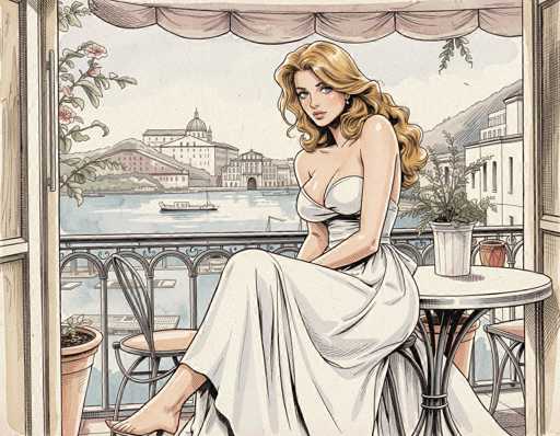 The image is a detailed, hand-drawn illustration of a woman seated on a balcony, likely in a European city, possibly Venice. The woman, who has long, wavy blonde hair cascading down her back, is wearing a white dress with a halter top and a low-cut neckline. She is barefoot and sits on a small, round table with a metal base and a white top, which holds a potted plant. The balcony is adorned with a pink awning and features a couple of chairs and another potted plant. In the background, there is a scenic view of a river with boats, a cityscape with buildings, and a mountain on the right side. The illustration is rendered in a cartoon style, with a color palette that includes shades of pink, blue, green, and white.