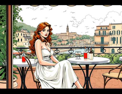 A woman with long red hair is seated at a table on an outdoor patio of a restaurant. She is wearing a white dress and has her legs crossed. The table is set for two, with cups and plates arranged neatly in front of the woman. In the background, there are buildings visible through the window, suggesting that they are located near a city or town center.