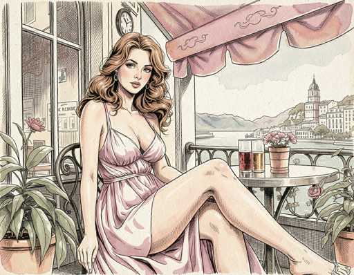 The image is a detailed, hand-drawn illustration of a woman seated on a balcony, exuding a vintage charm reminiscent of the 1950s. She is dressed in a light pink, low-cut dress that reveals her legs, and her long, wavy brown hair cascades down to her shoulders. The woman is seated on a black chair, with her left leg crossed over her right knee, and she gazes directly at the viewer with a neutral expression. 

In front of her is a small, round table with a glass top, adorned with two glasses—one containing a brown liquid and the other a golden liquid. A potted plant with pink flowers sits beside the glasses. The balcony features a pink awning with a scalloped edge, and a clock is mounted on the wall behind her. To her left, there is a window with a pink flower in a pot on the windowsill, and to her right, another potted plant with green leaves and a pink rose. 

The background reveals a scenic view of a cityscape with buildings, a river, and mountains under a gray sky. The overall composition is rendered in a watercolor style, enhancing the vintage aesthetic of the illustration.